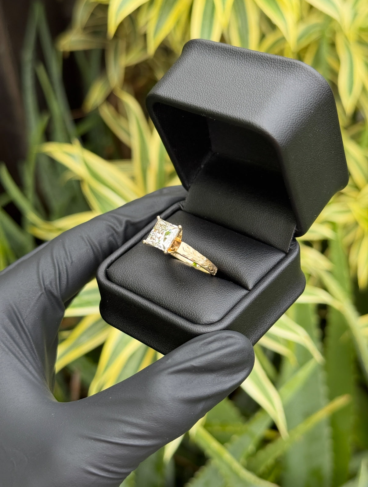 Maile Leaf & ‘Ōhi’a Lehua Engraved Ring – 4mm, 14K Gold, 4ct Princess Cut Lab Diamond