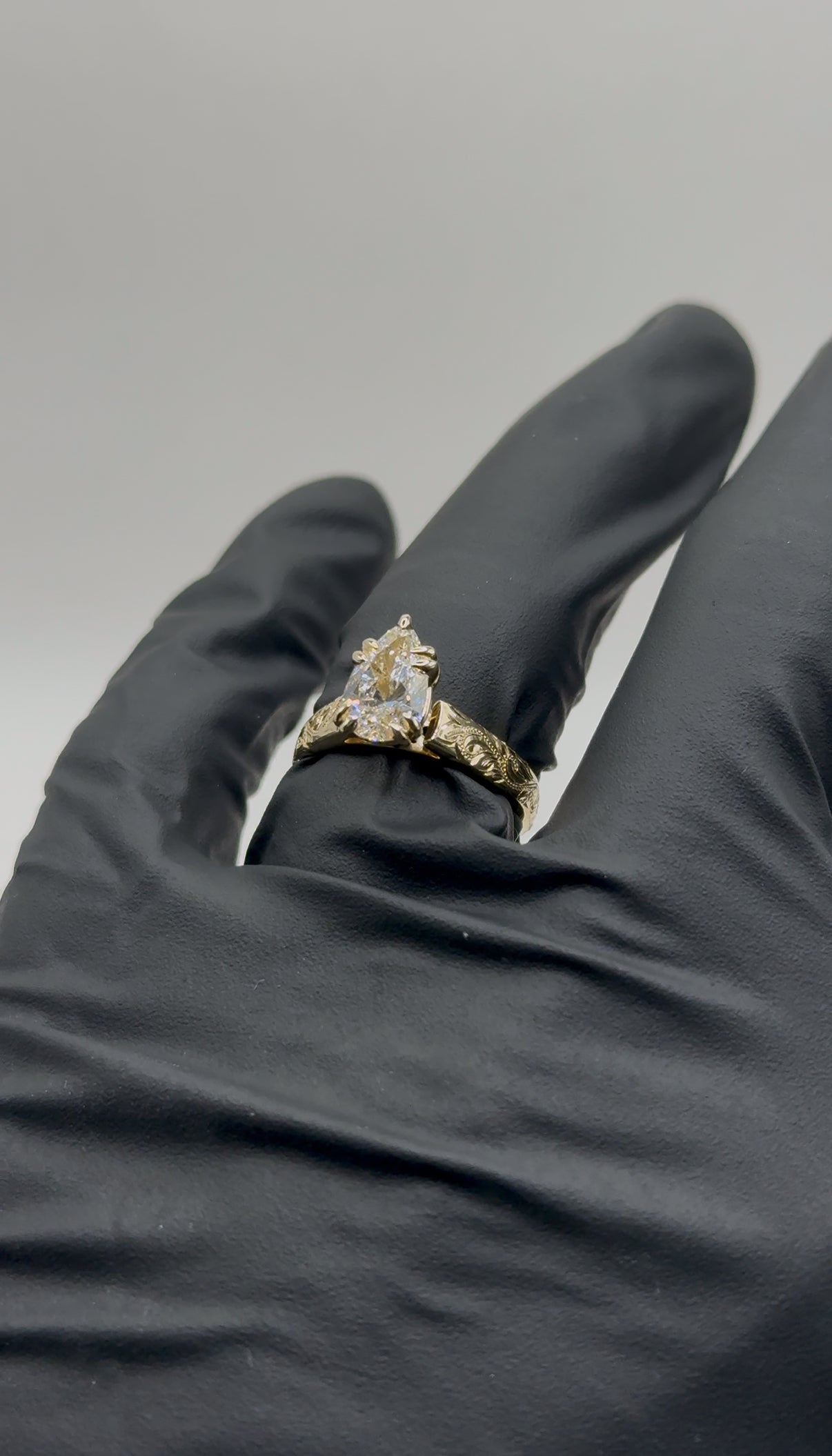 Hawaiian Scroll Engraved Ring – 4mm, 14K Gold, 1.5ct Tear Drop Cut Lab Diamond