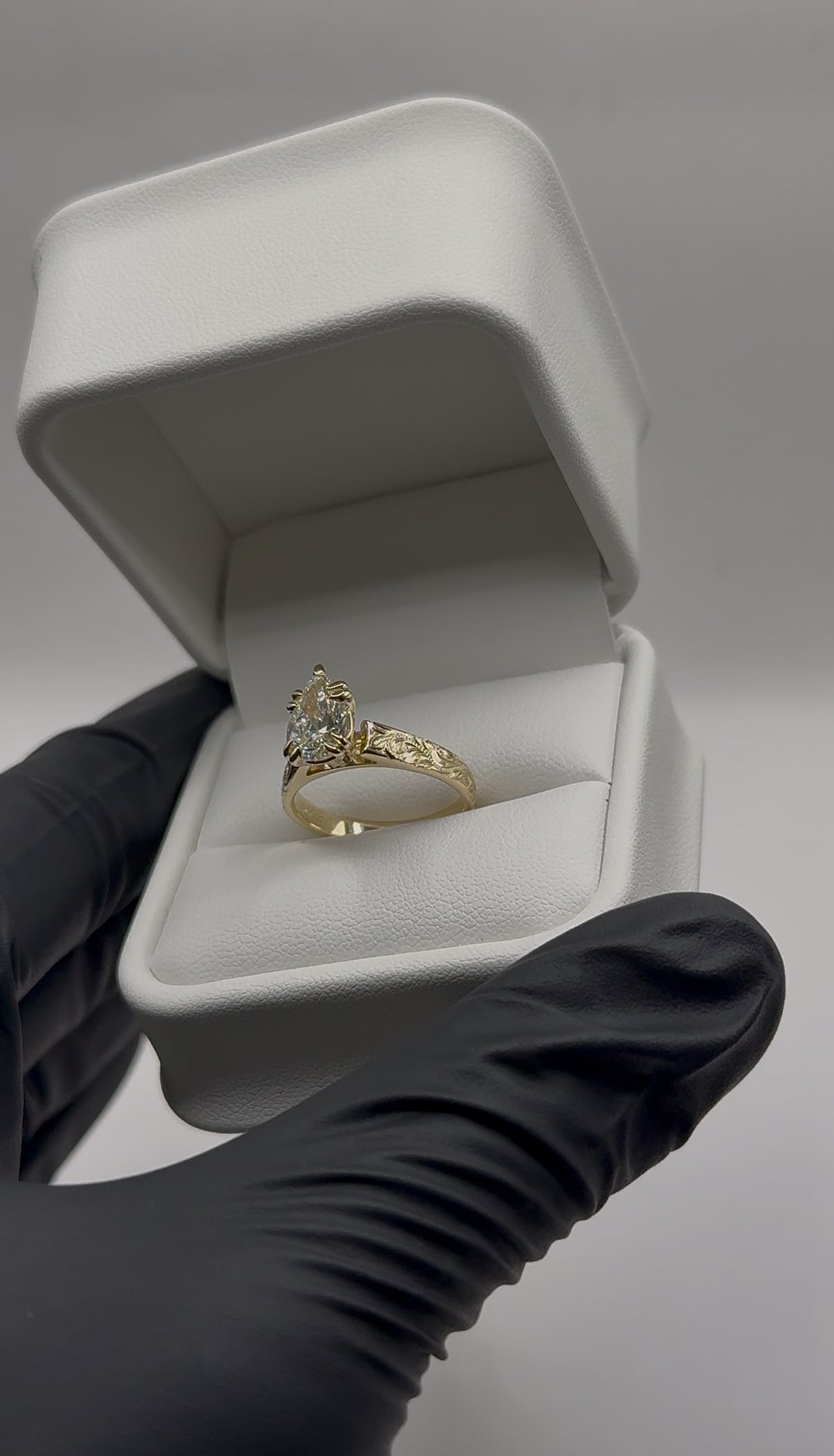 Hawaiian Scroll Engraved Ring – 4mm, 18k Gold, 1.5ct Tear Drop Cut Lab Diamond