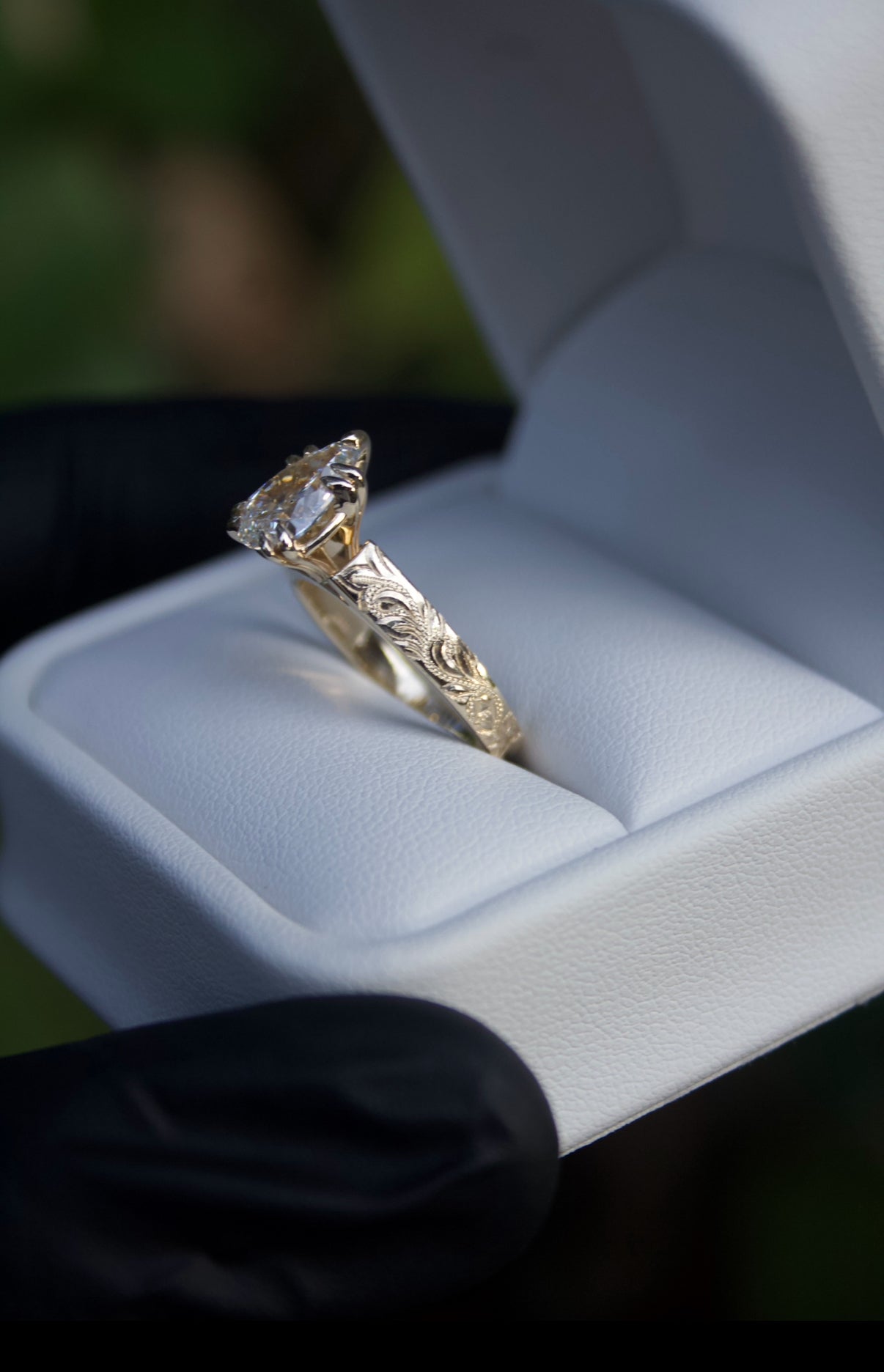 Full Plumeria Engraved Ring – 4mm, 14K Gold, 2.75ct Tear Drop Cut Lab Diamond