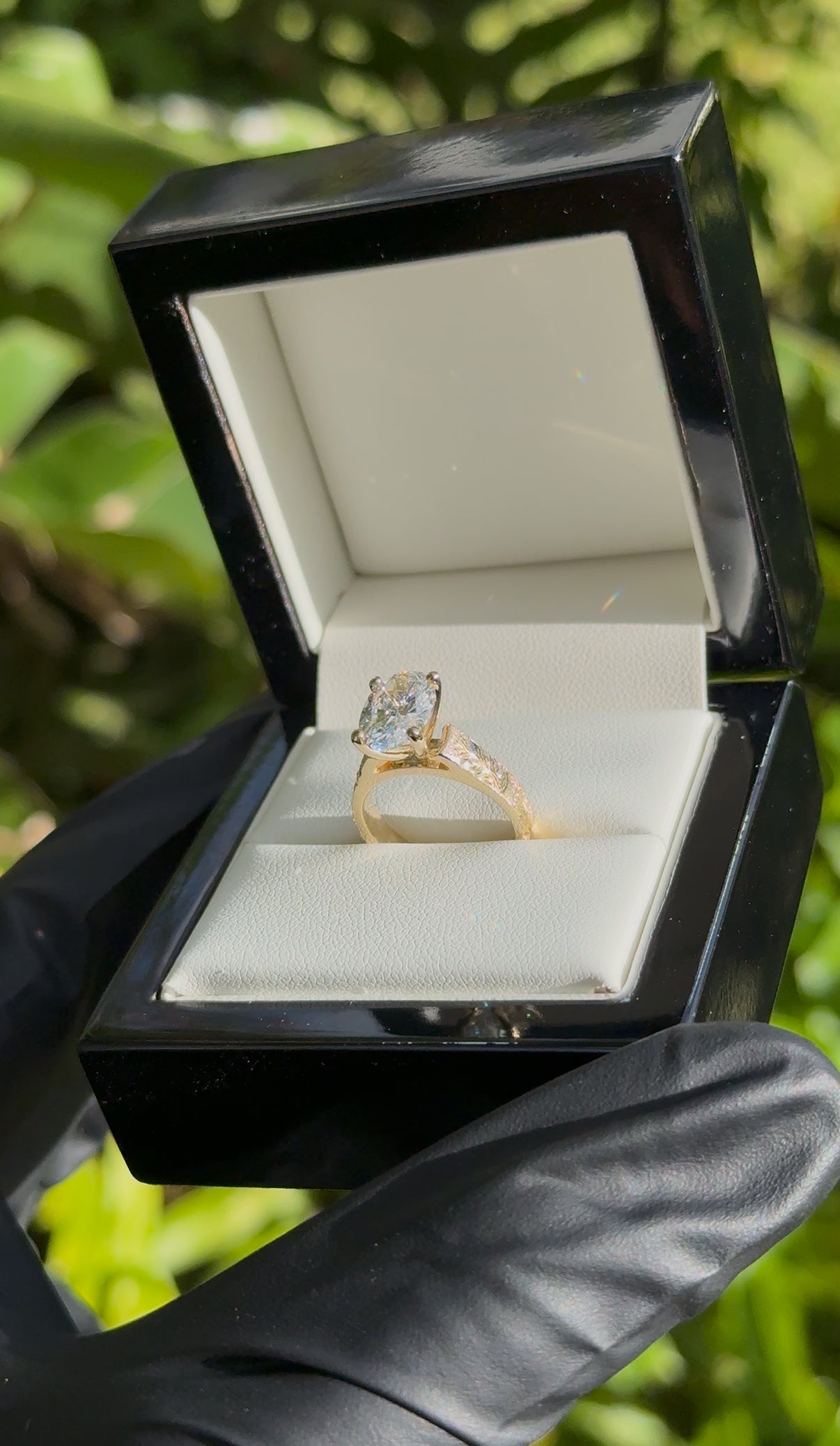 Plumeria & Naupaka Engraved Ring – 4mm, 14K Gold, 2ct Oval Cut Lab Diamond