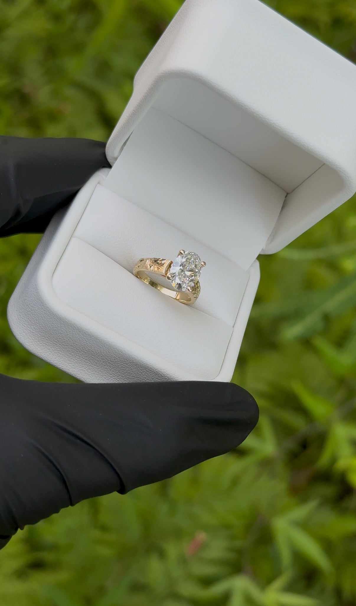 Plumeria & Naupaka Engraved Ring – 4mm, 14K Gold, 2ct Oval Cut Lab Diamond