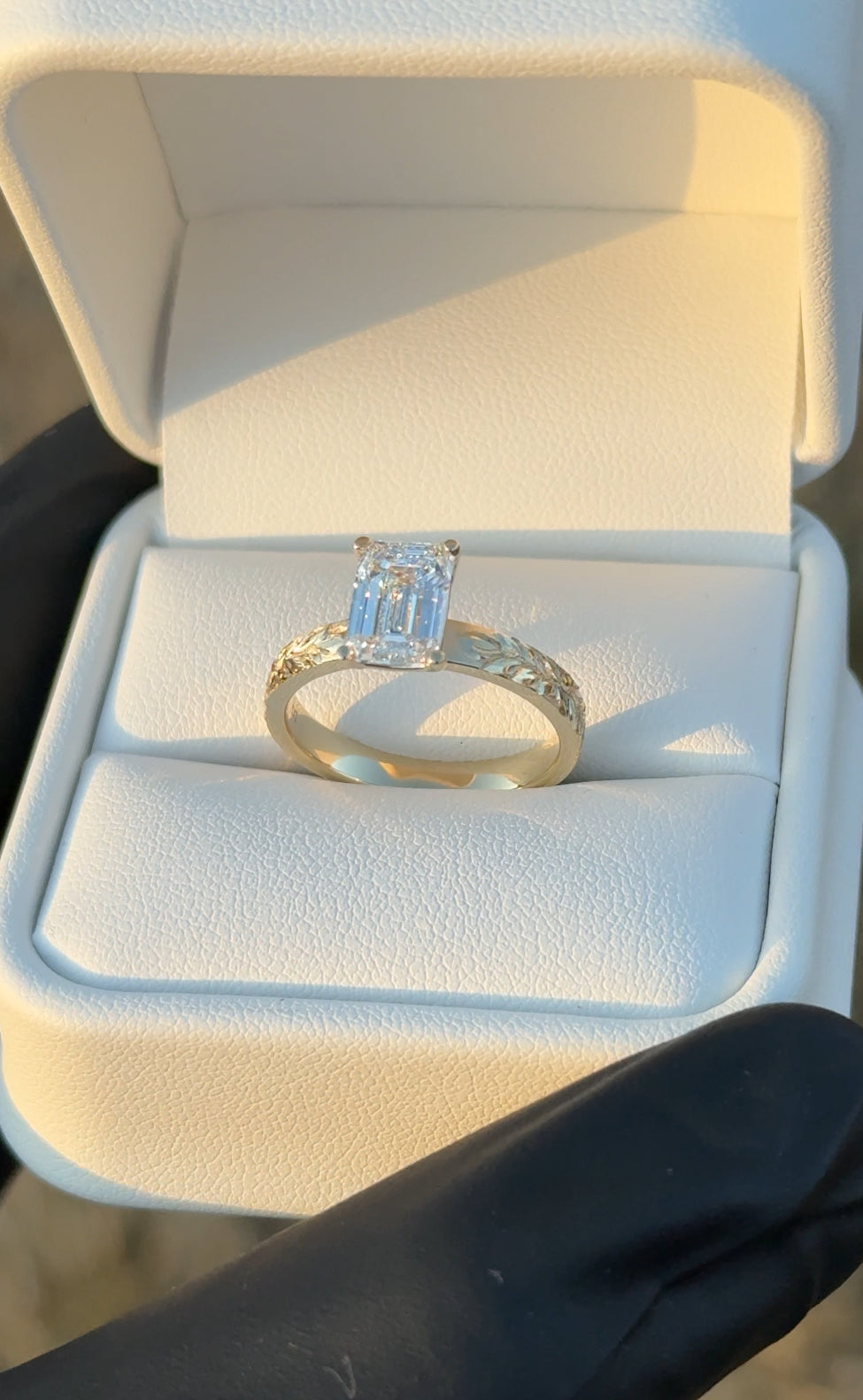 Maile Leaf Engraved Emerald Cut Engagement Ring – 2ct Lab Diamond, 14kt Gold