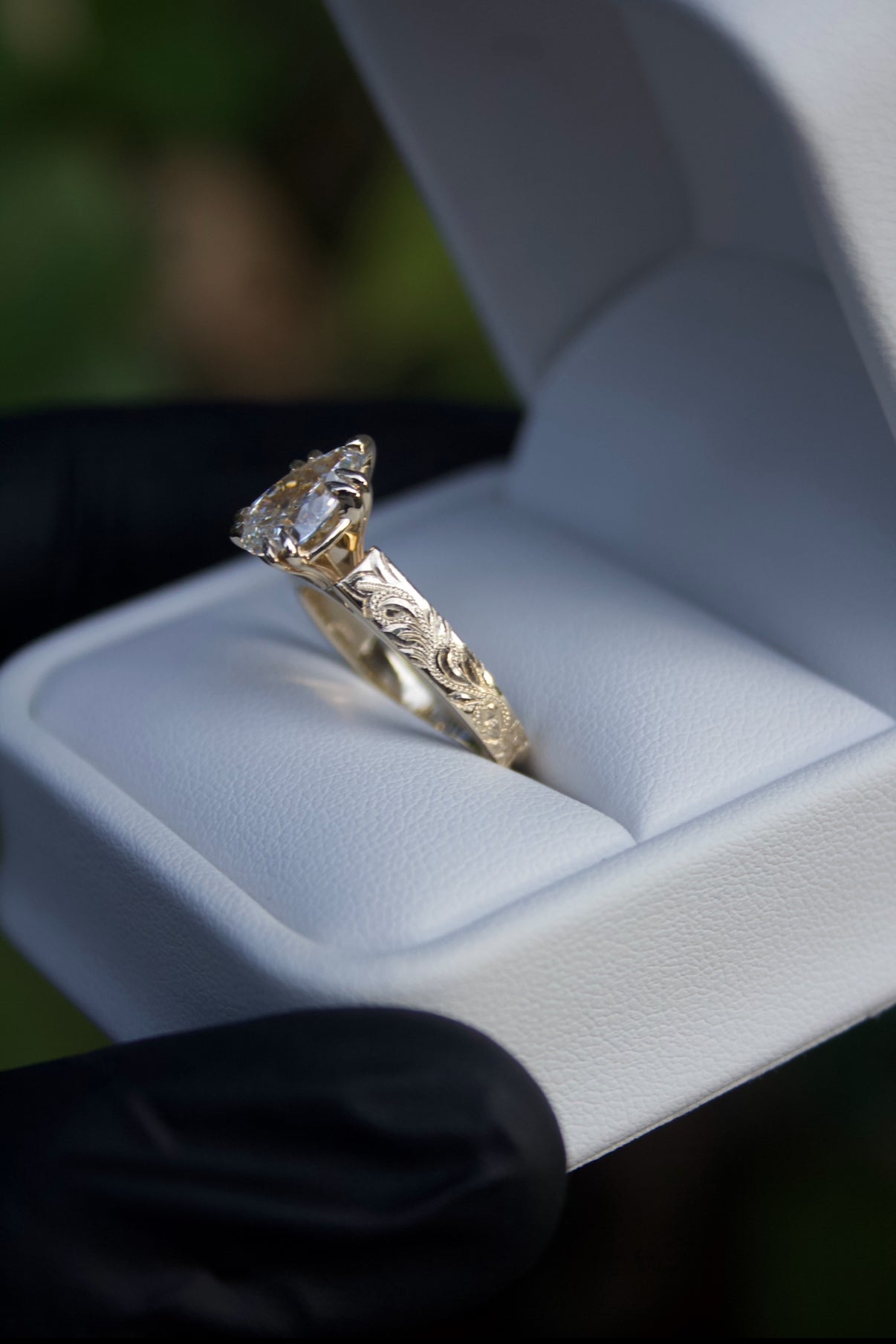 Hawaiian Scroll Engraved Ring – 4mm, 18k Gold, 1.5ct Tear Drop Cut Lab Diamond