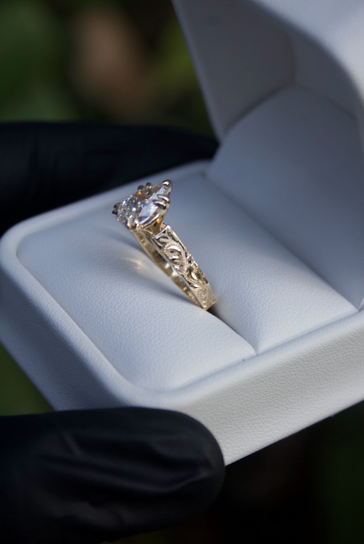 Hawaiian Scroll Engraved Ring – 4mm, 18k Gold, 1.5ct Tear Drop Cut Lab Diamond