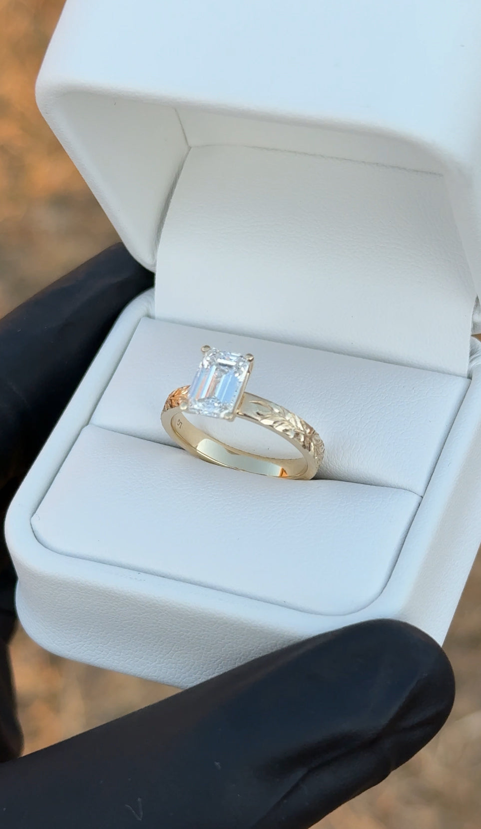 Maile Leaf Engraved Emerald Cut Engagement Ring – 2ct Lab Diamond, 14kt Gold