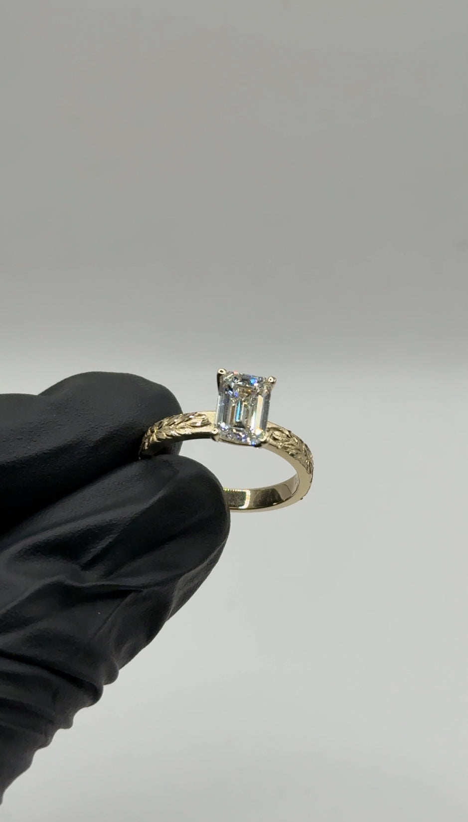 Maile Leaf Engraved Emerald Cut Engagement Ring – 2ct Lab Diamond, 14kt Gold