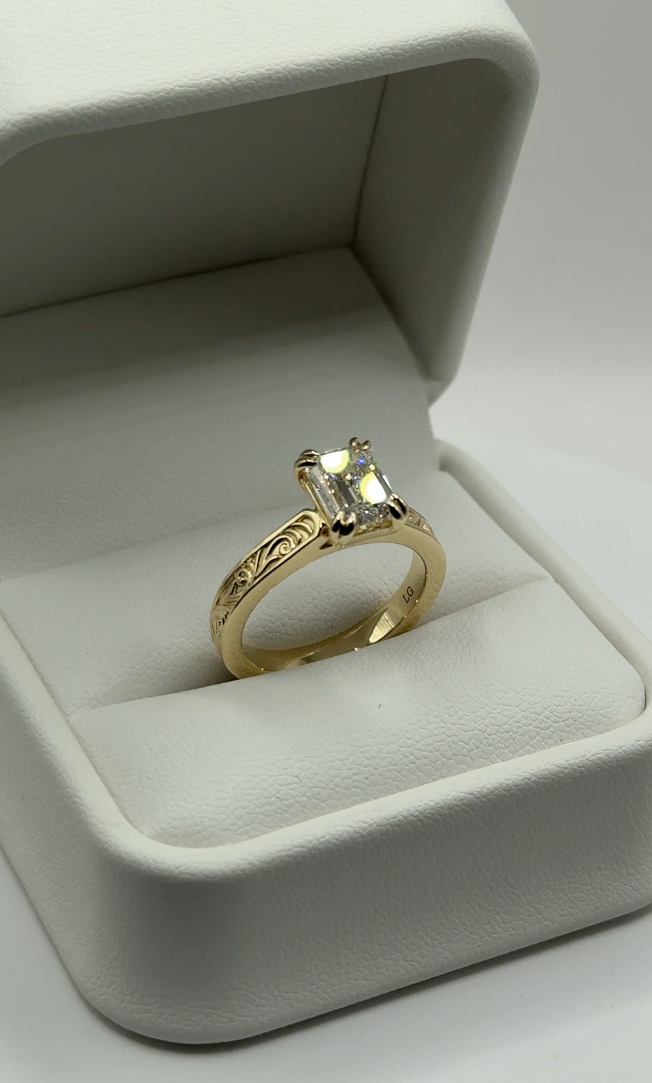 Queen Emma Scroll Engraved Ring – 4mm, 14K Gold, 2ct Emerald Cut Lab Diamond