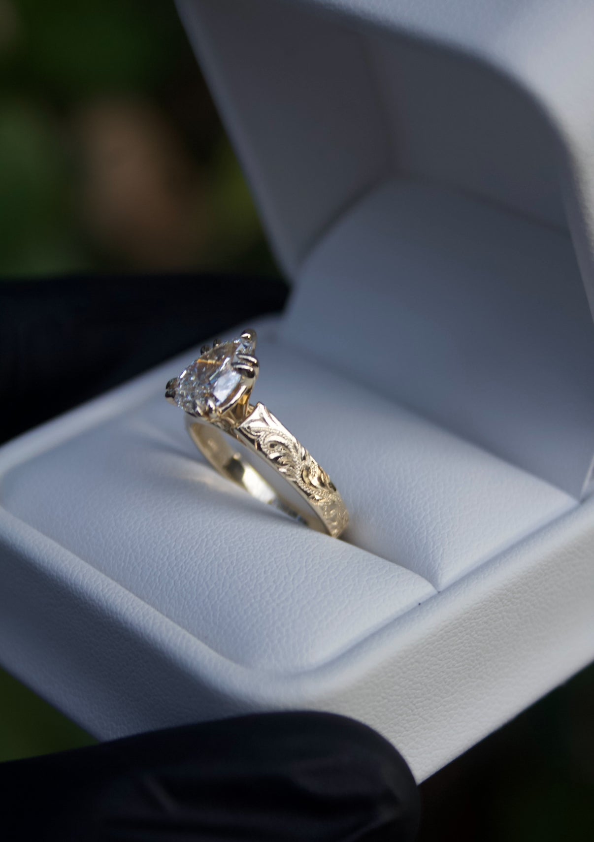 Hawaiian Scroll Engraved Ring – 4mm, 18k Gold, 1.5ct Tear Drop Cut Lab Diamond