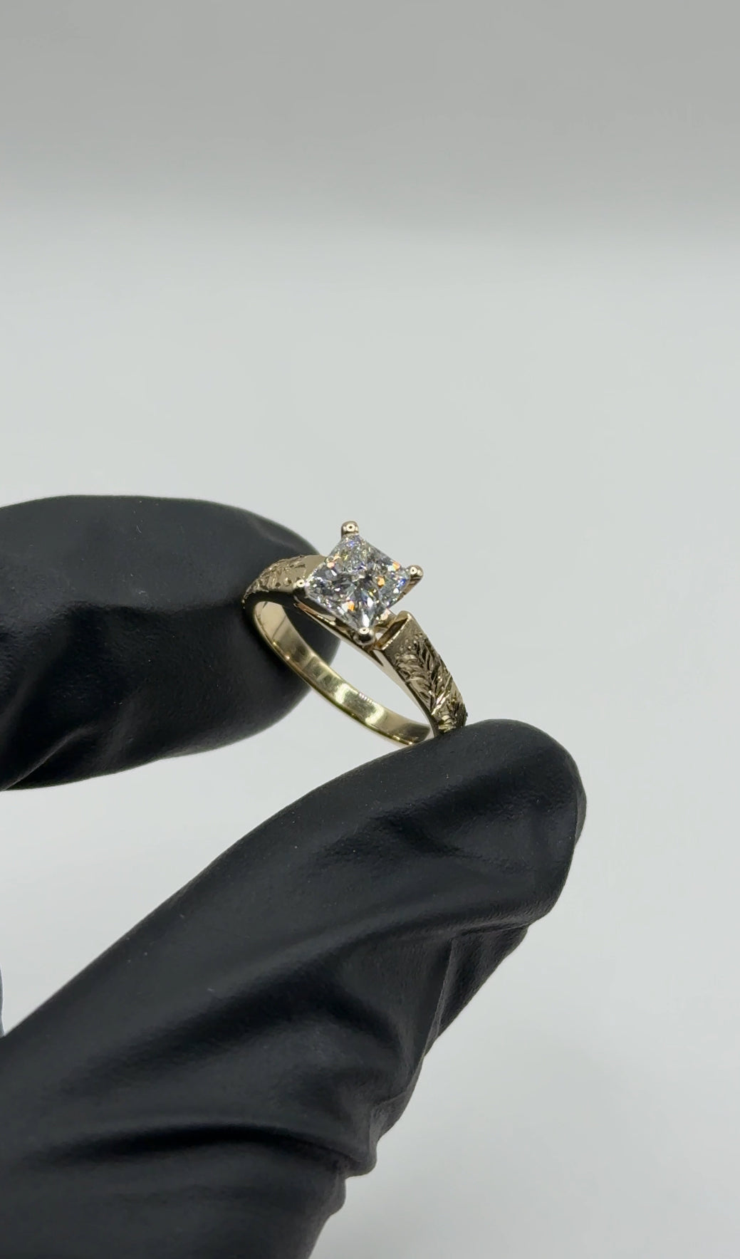 Maile Leaf & ‘Ōhi’a Lehua Engraved Ring – 4mm, 14K Gold, 1ct Princess Cut Lab Diamond