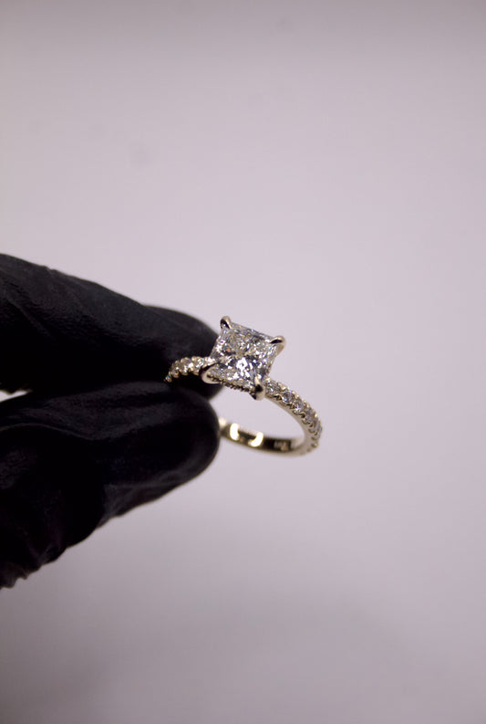 Princess Cut with Pavé and Halo Engagement Ring – 2mm, 14K Gold, 2ct Lab Diamond