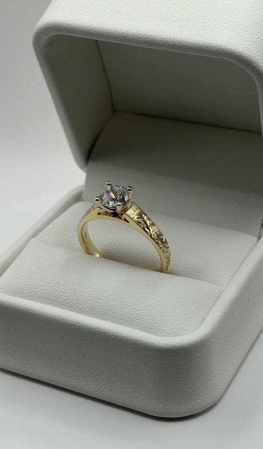 ʻŌhiʻa Lehua & Lauaʻe Engraved Cathedral Ring – 4mm, 10k Gold, 1ct Lab Diamond