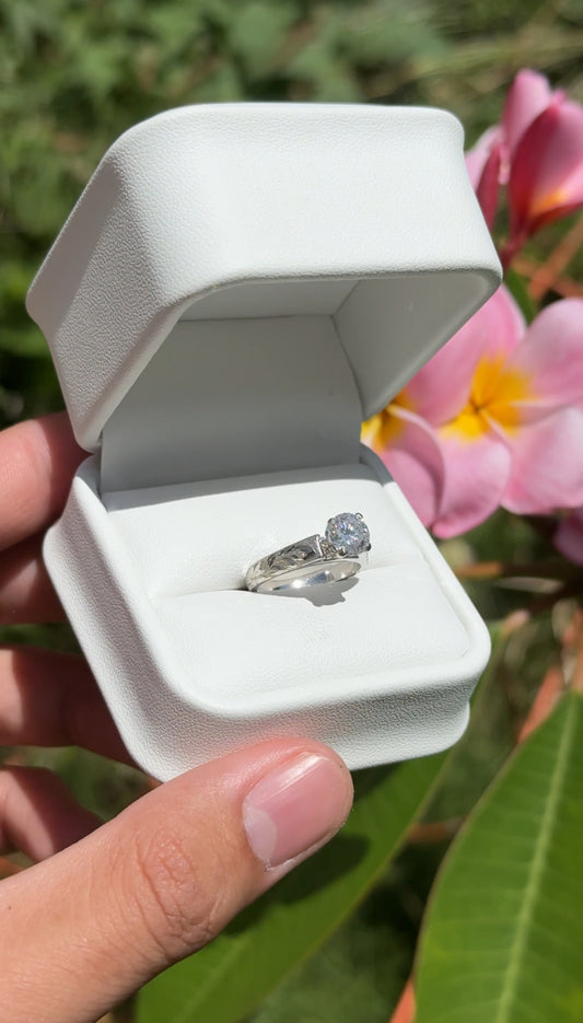 Maile Leaf Engraved Cathedral Ring – 4mm, 14K Gold, 1ct Round Lab Diamond