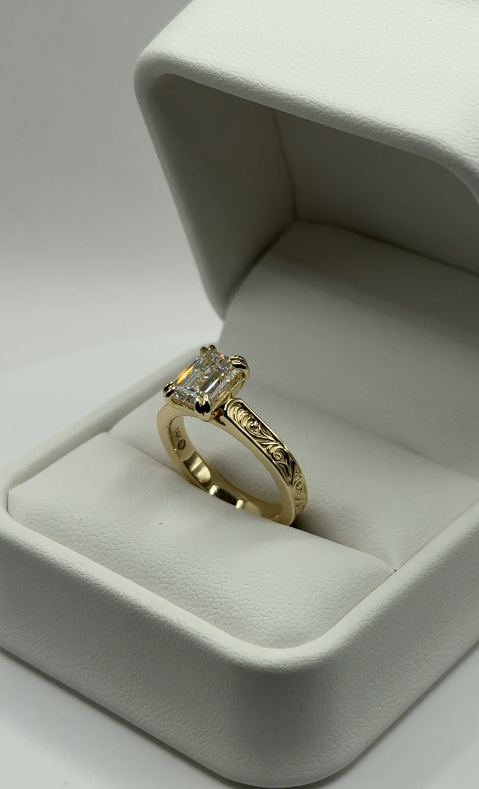 Queen Emma Scroll Engraved Ring – 4mm, 14K Gold, 2ct Emerald Cut Lab Diamond