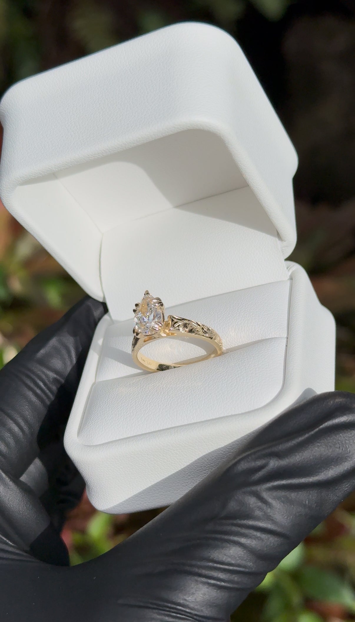 Hawaiian Scroll Engraved Ring – 4mm, 14K Gold, 1.5ct Tear Drop Cut Lab Diamond