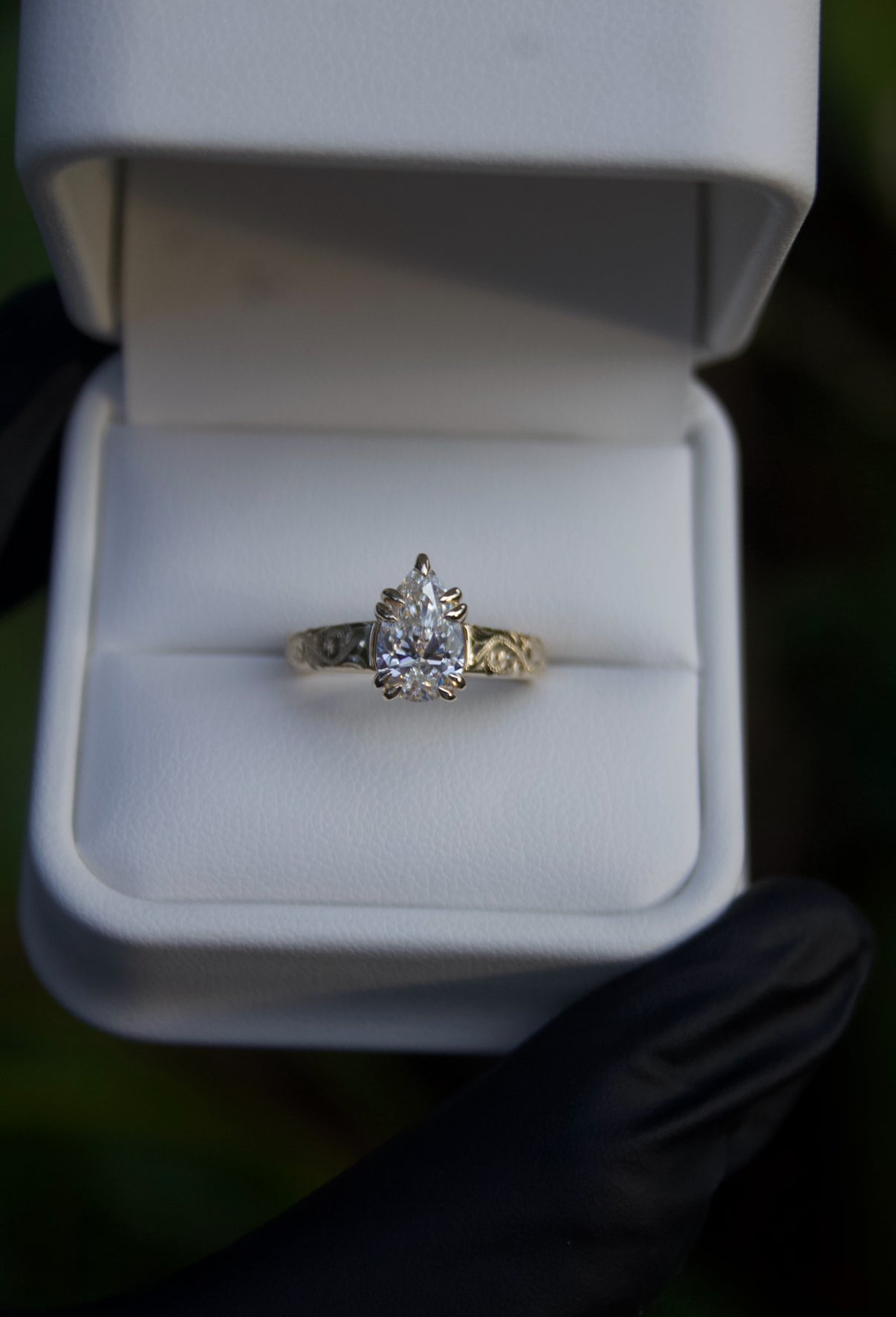 Hawaiian Scroll Engraved Ring – 4mm, 14K Gold, 1.5ct Tear Drop Cut Lab Diamond