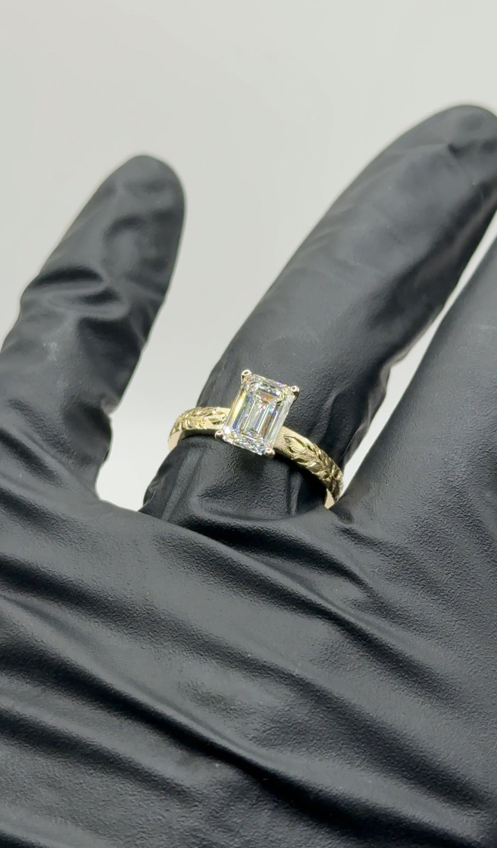 Maile Leaf Engraved Emerald Cut Engagement Ring – 2ct Lab Diamond, 14kt Gold