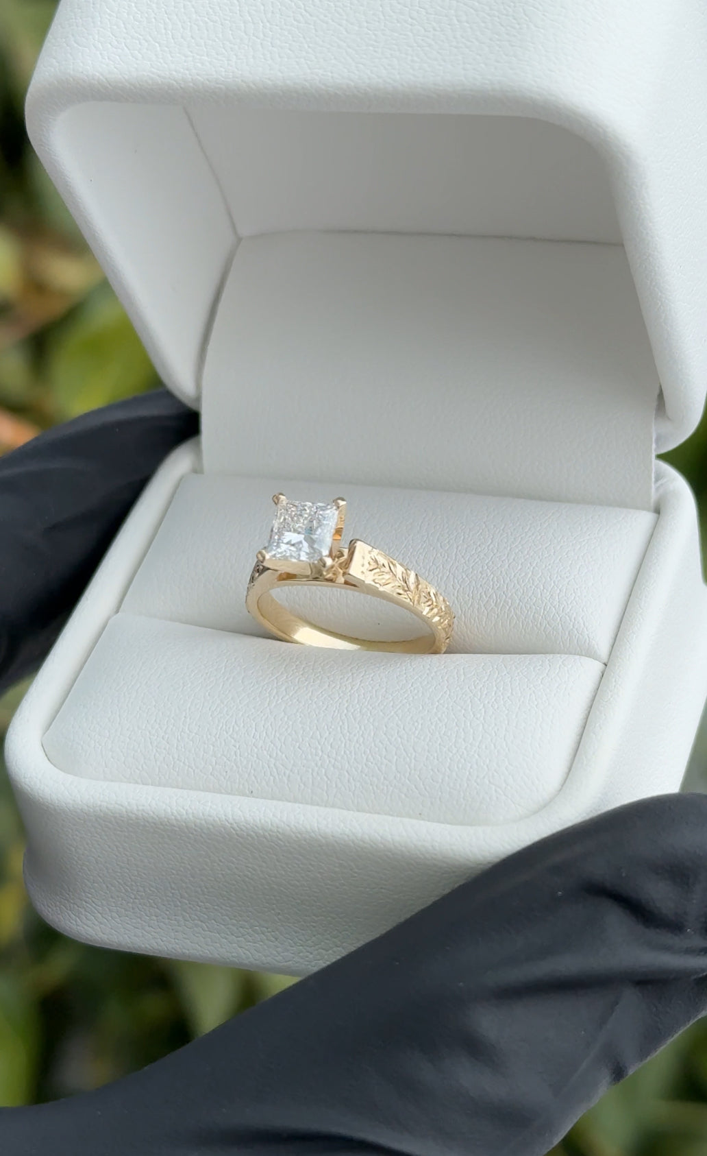 Maile Leaf & ‘Ōhi’a Lehua Engraved Ring – 4mm, 14K Gold, 1ct Princess Cut Lab Diamond
