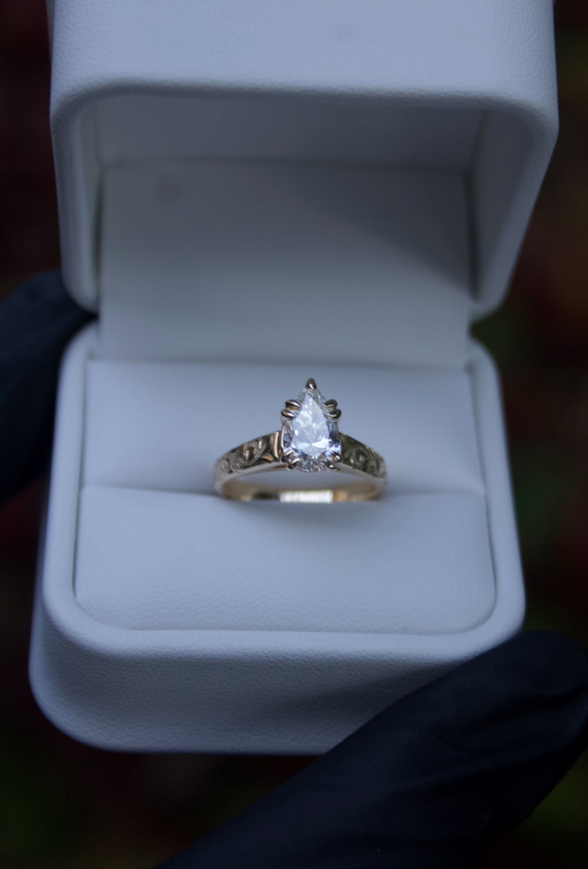 Hawaiian Scroll Engraved Ring – 4mm, 18k Gold, 1.5ct Tear Drop Cut Lab Diamond
