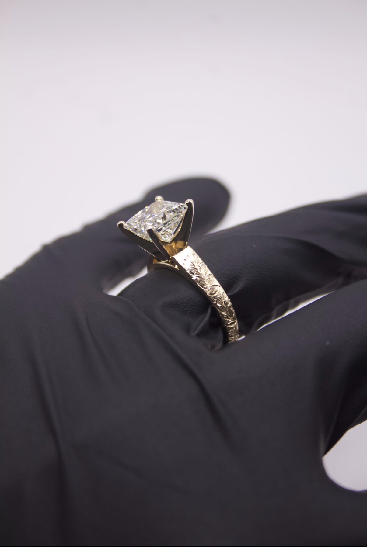 Maile Leaf & ‘Ōhi’a Lehua Engraved Ring – 4mm, 14K Gold, 4ct Princess Cut Lab Diamond