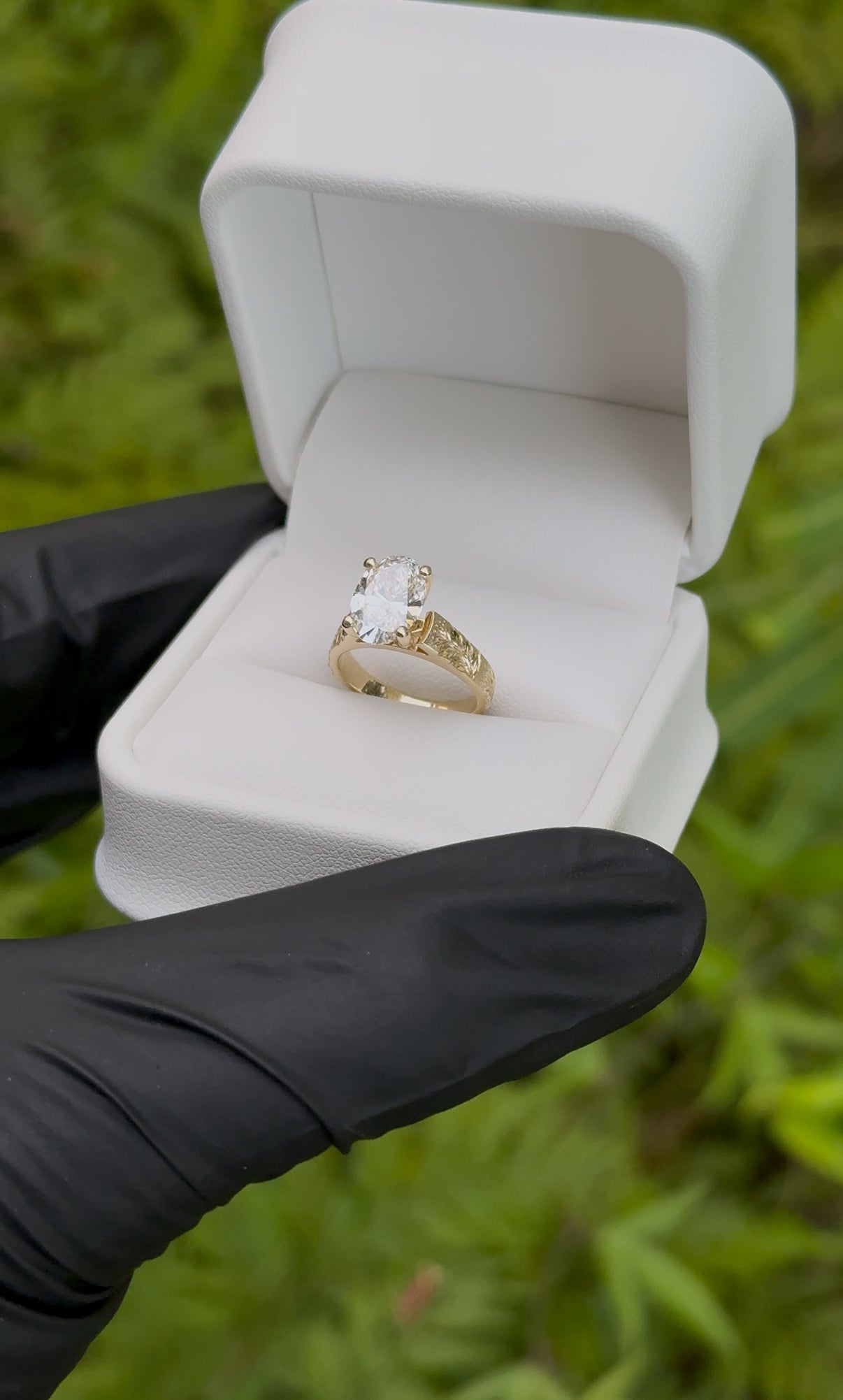 Plumeria & Naupaka Engraved Ring – 4mm, 14K Gold, 2ct Oval Cut Lab Diamond