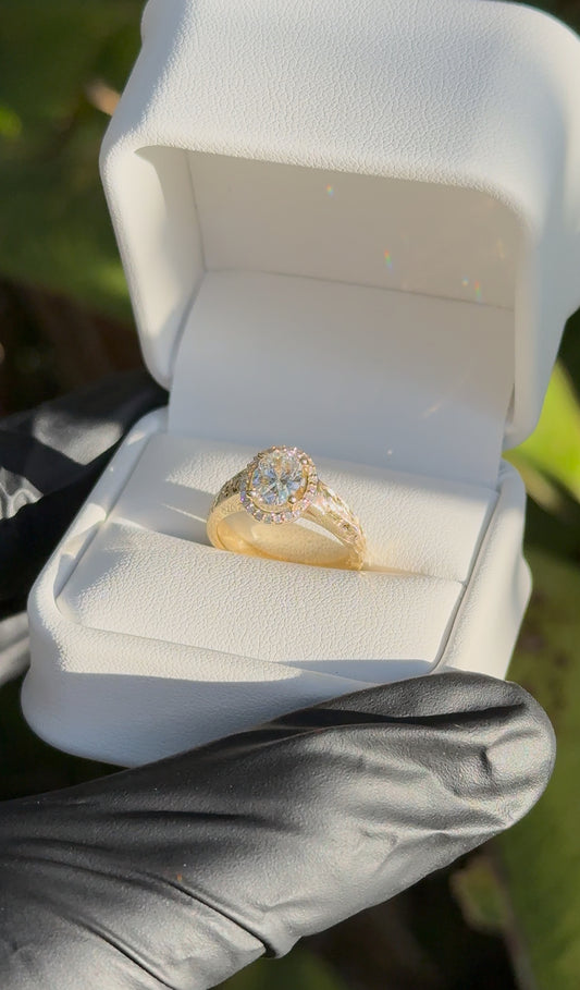 Maile Leaf & Puakenikeni Engraved with Oval Cut and Halo Engagement Ring – 4mm, 14K Gold, 1ct Lab Diamond