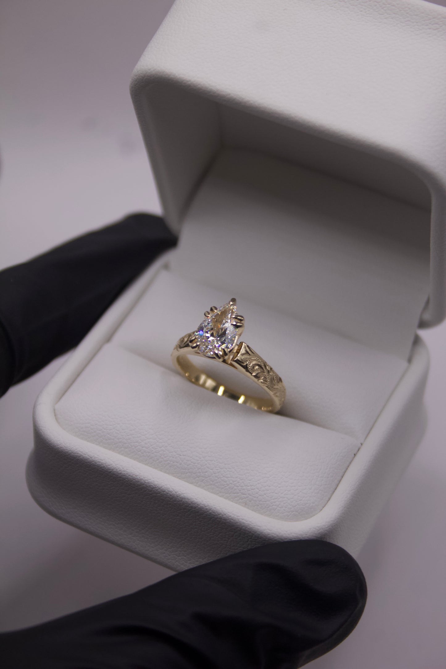 Hawaiian Scroll Engraved Ring – 4mm, 18k Gold, 1.5ct Tear Drop Cut Lab Diamond