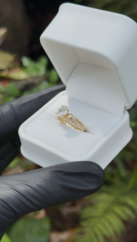 Maile Leaf Engraved Cathedral Ring – 4mm, 14K Gold, 1ct Oval NATURAL Diamond (With Grading Report)