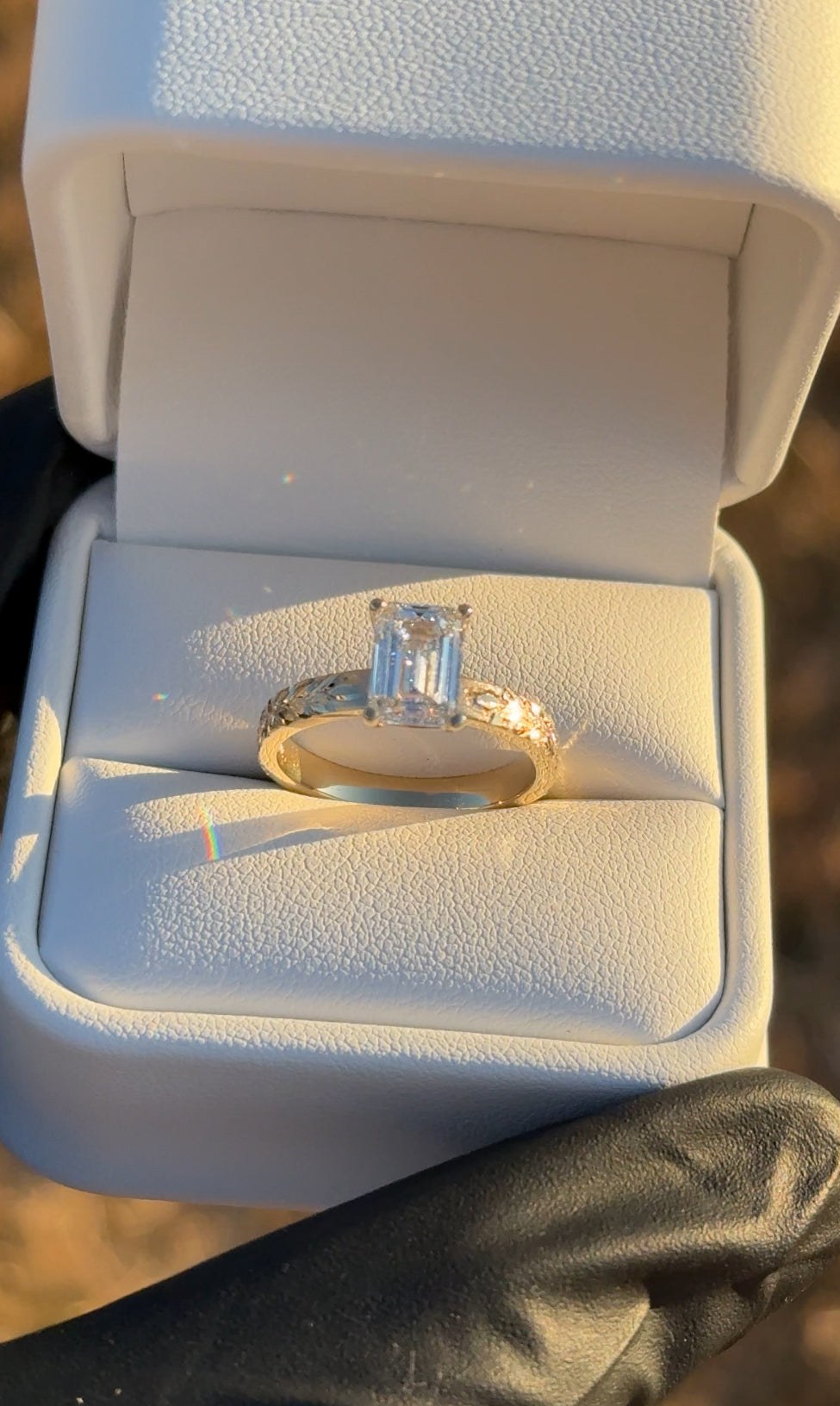 Maile Leaf Engraved Emerald Cut Engagement Ring – 2ct Lab Diamond, 14kt Gold