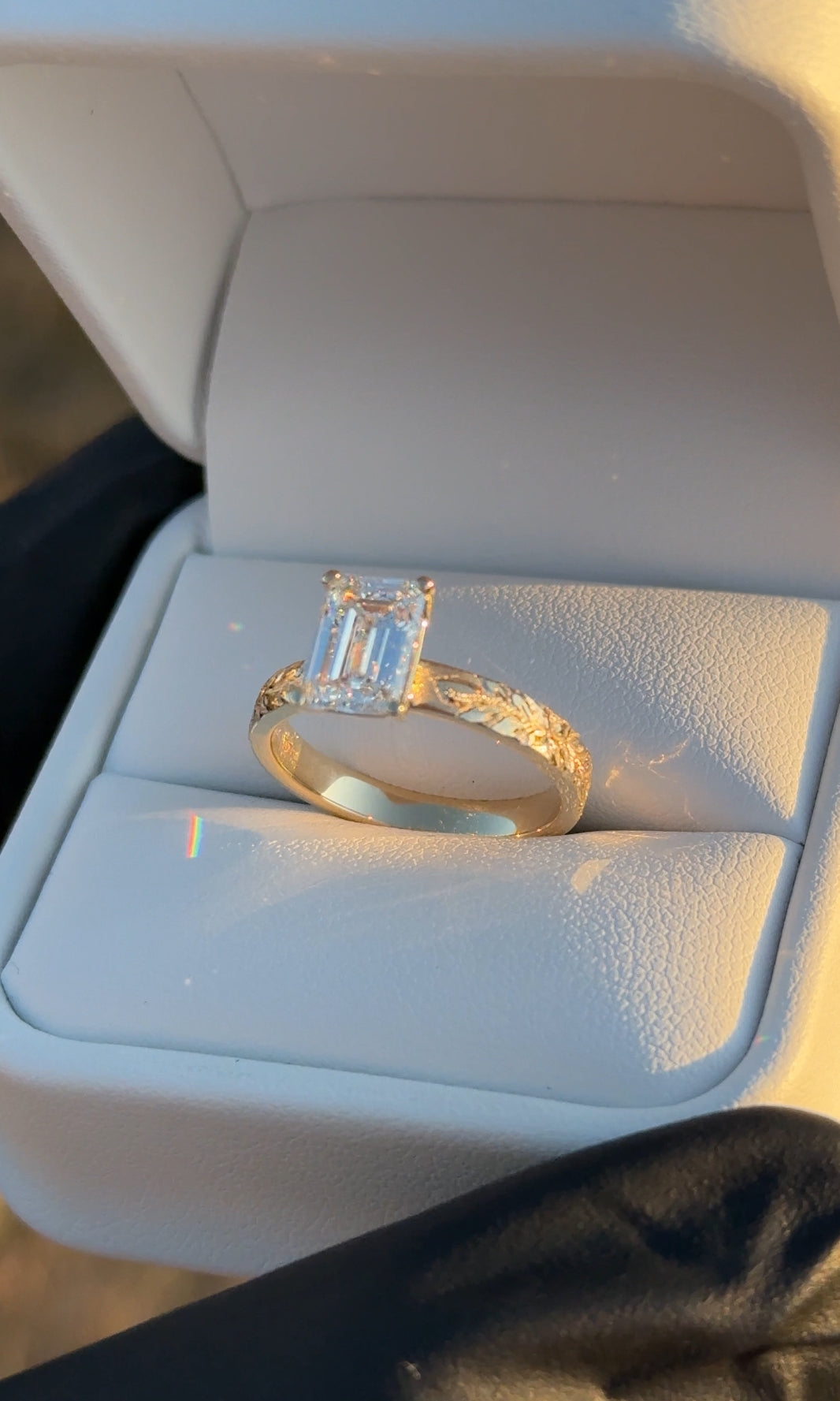 Maile Leaf Engraved Emerald Cut Engagement Ring – 2ct Lab Diamond, 14kt Gold