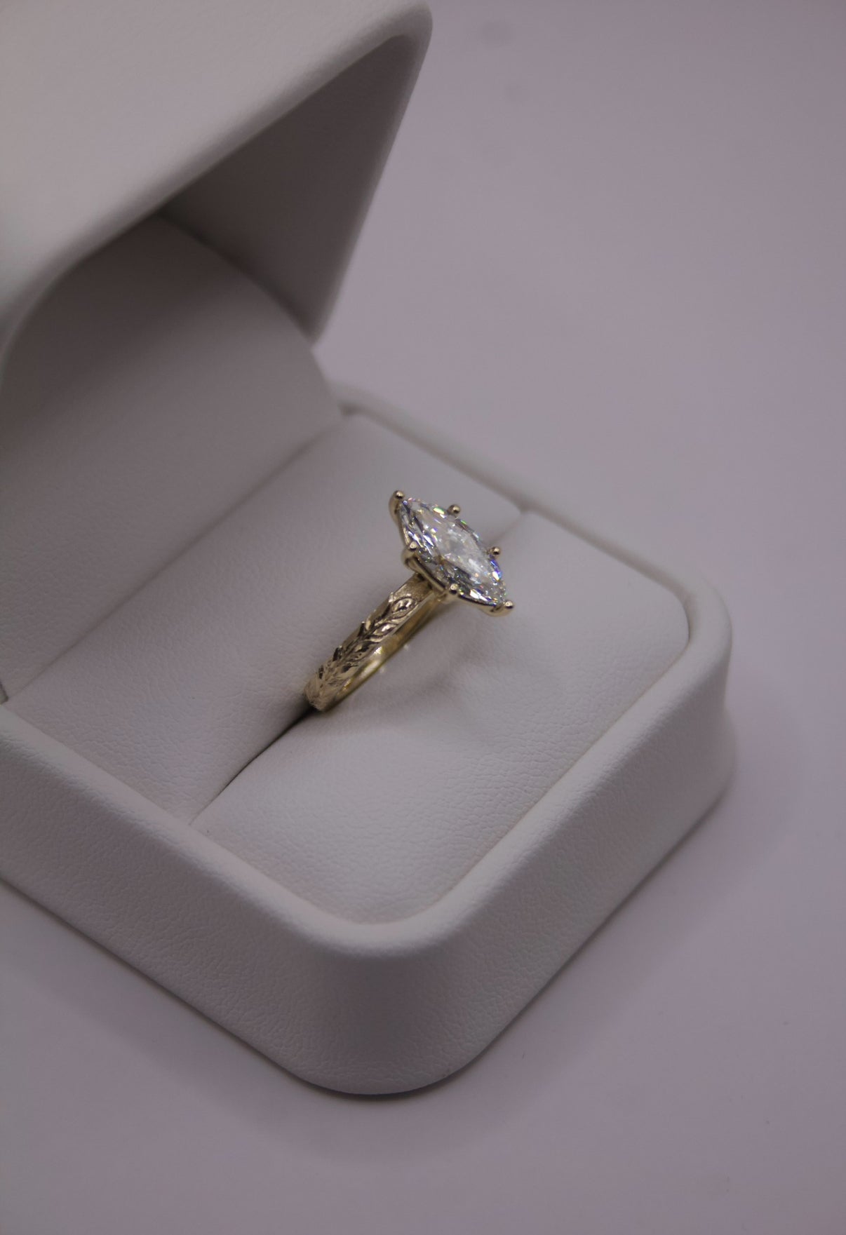 Maile Leaf Engraved Engagement Ring – 4mm, 14kt Gold, 1.5ct Marquise Cut Lab Diamond