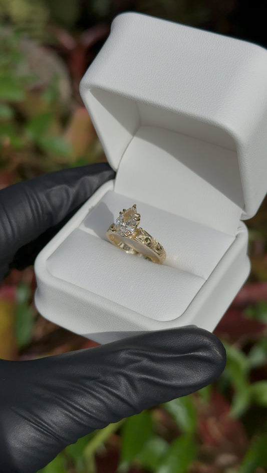 Hawaiian Scroll Engraved Ring – 4mm, 14K Gold, 1.5ct Tear Drop Cut Lab Diamond