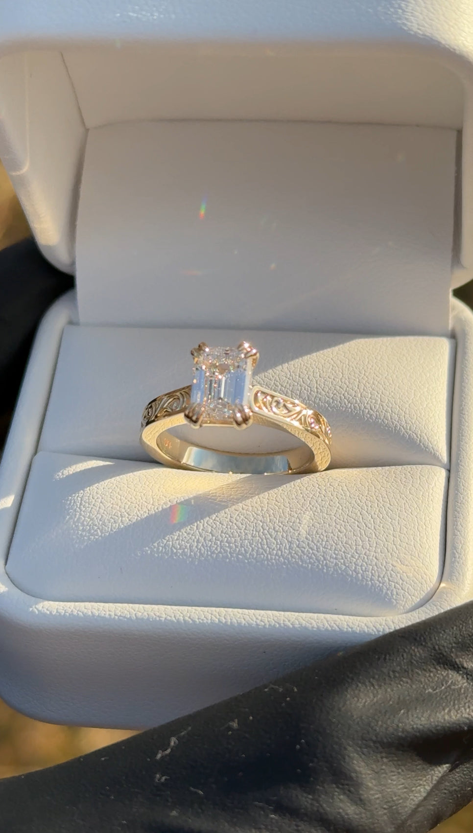 Queen Emma Scroll Engraved Ring – 4mm, 14K Gold, 2ct Emerald Cut Lab Diamond