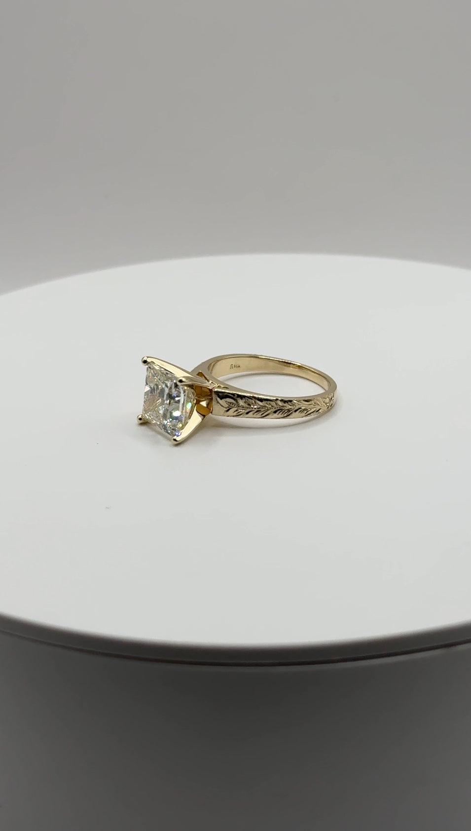 Maile Leaf & ‘Ōhi’a Lehua Engraved Ring – 4mm, 14K Gold, 4ct Princess Cut Lab Diamond